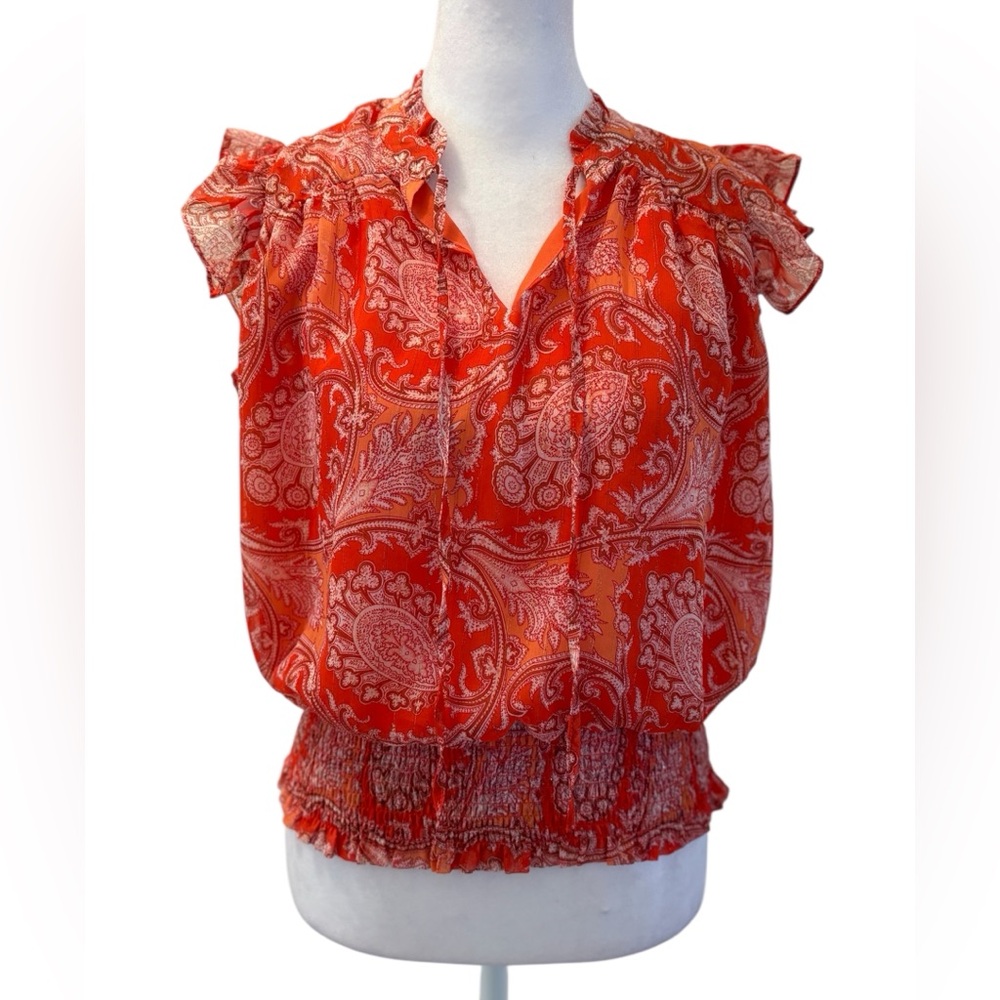 Small Maison D’Amélie Coral Smocked Flutter Sleeve Paisley Blouse